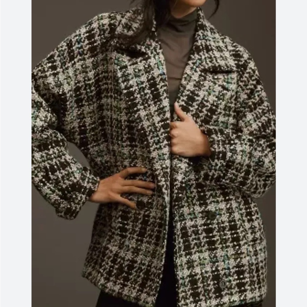 Anthropologie Double Breasted Pea Coat Blue Motif Tweed Black Pockets Sz XL NEW